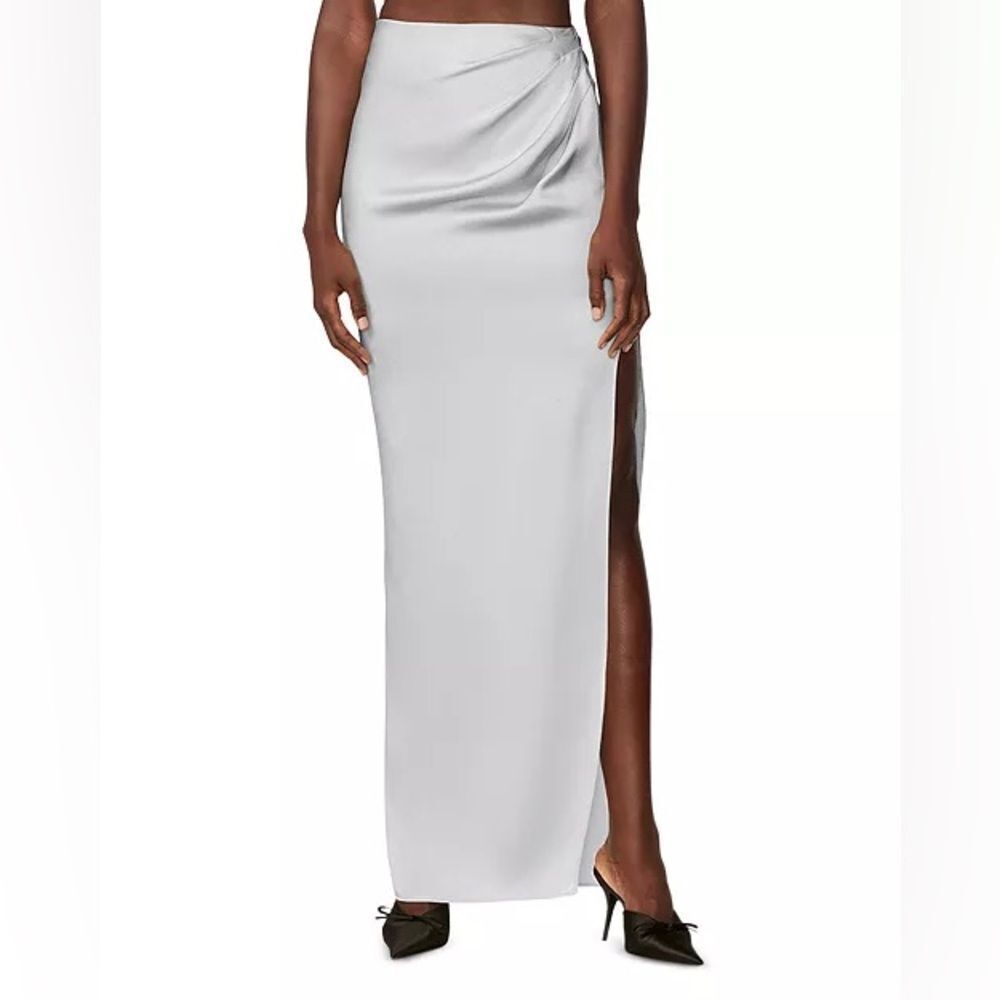 ⭕️ Hervé Léger Draped Asymmetrical Silk Maxi Skirt Silver NEW